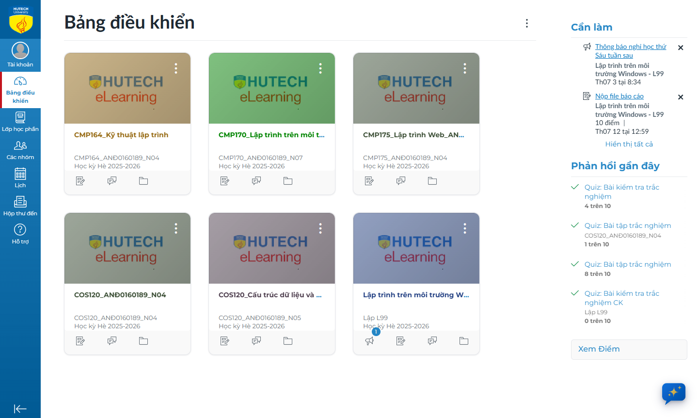 Bảng điều khiển LMS với danh sách lớp học phần, mục Cần làm và Phản hồi gần đây